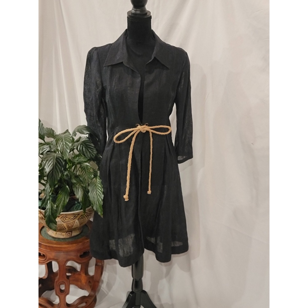 Soft Surroundings Black 100% Linen Shirt Dress Rope Tie Waist‎ XS